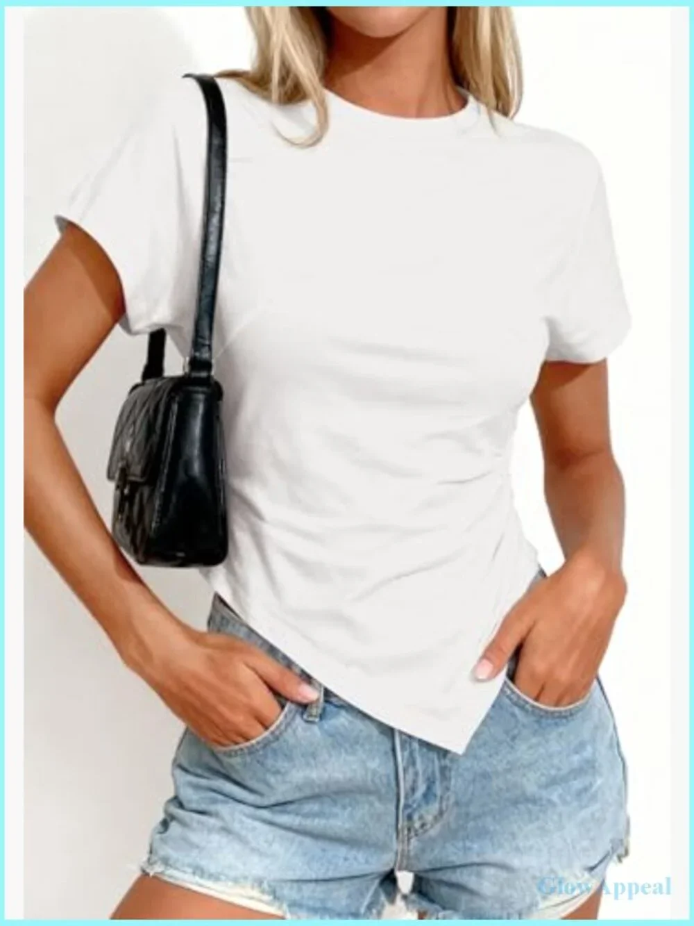 Asymmetrical Crew Neck Short Sleeve T-Shirt Slim Fit Cotton Blend - Picture 2 of 7